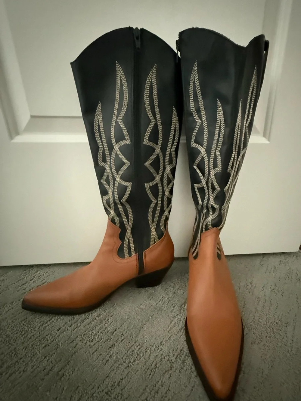Classic Two-Tone Western Knee-High Boots - Black & Brown
